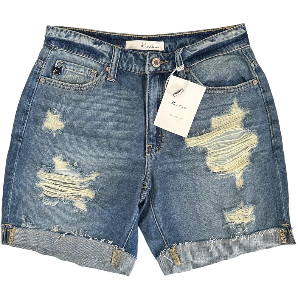 NWT Kancan Distressed High Rise Medium Wash Button & Zip Fly Shorts Size Small